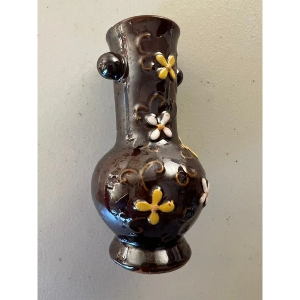 Vintage Made in Occupied Japan Miniature Bud Vase Brown‎ Moriage Floral 4 Inch